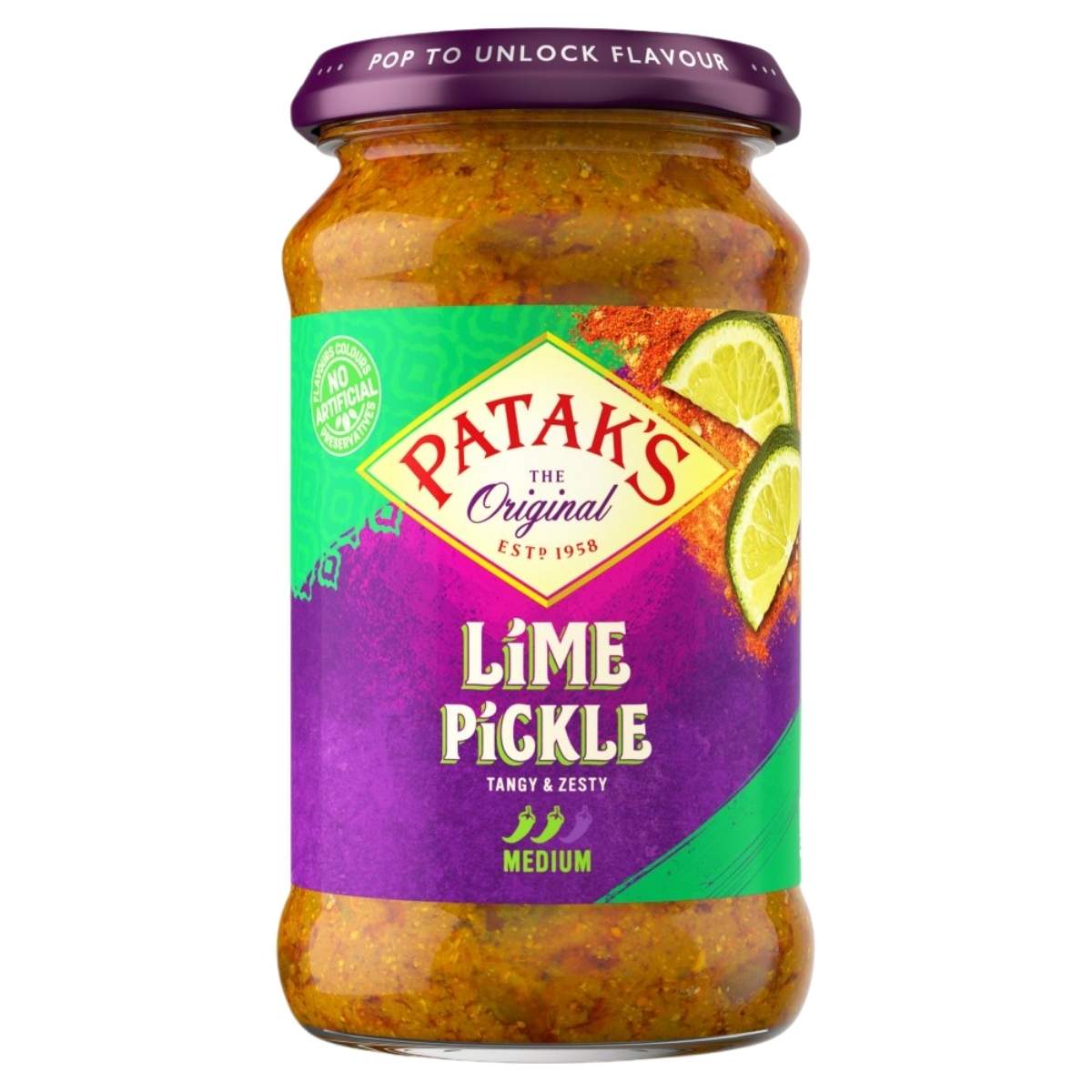 A 283g jar of Patak's Lime Pickle features "The Original," "Tangy & Zesty," and "Medium" on the label, along with images of lime slices on the front.