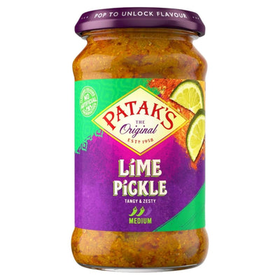 A 283g jar of Patak's Lime Pickle features "The Original," "Tangy & Zesty," and "Medium" on the label, along with images of lime slices on the front.