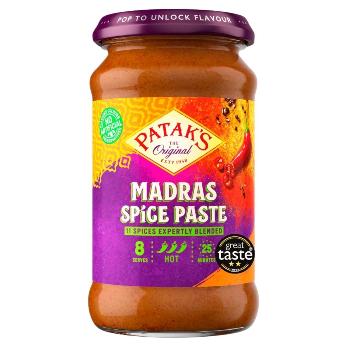 Jar of Pataks Madras Spice Paste with colorful label on a white background
