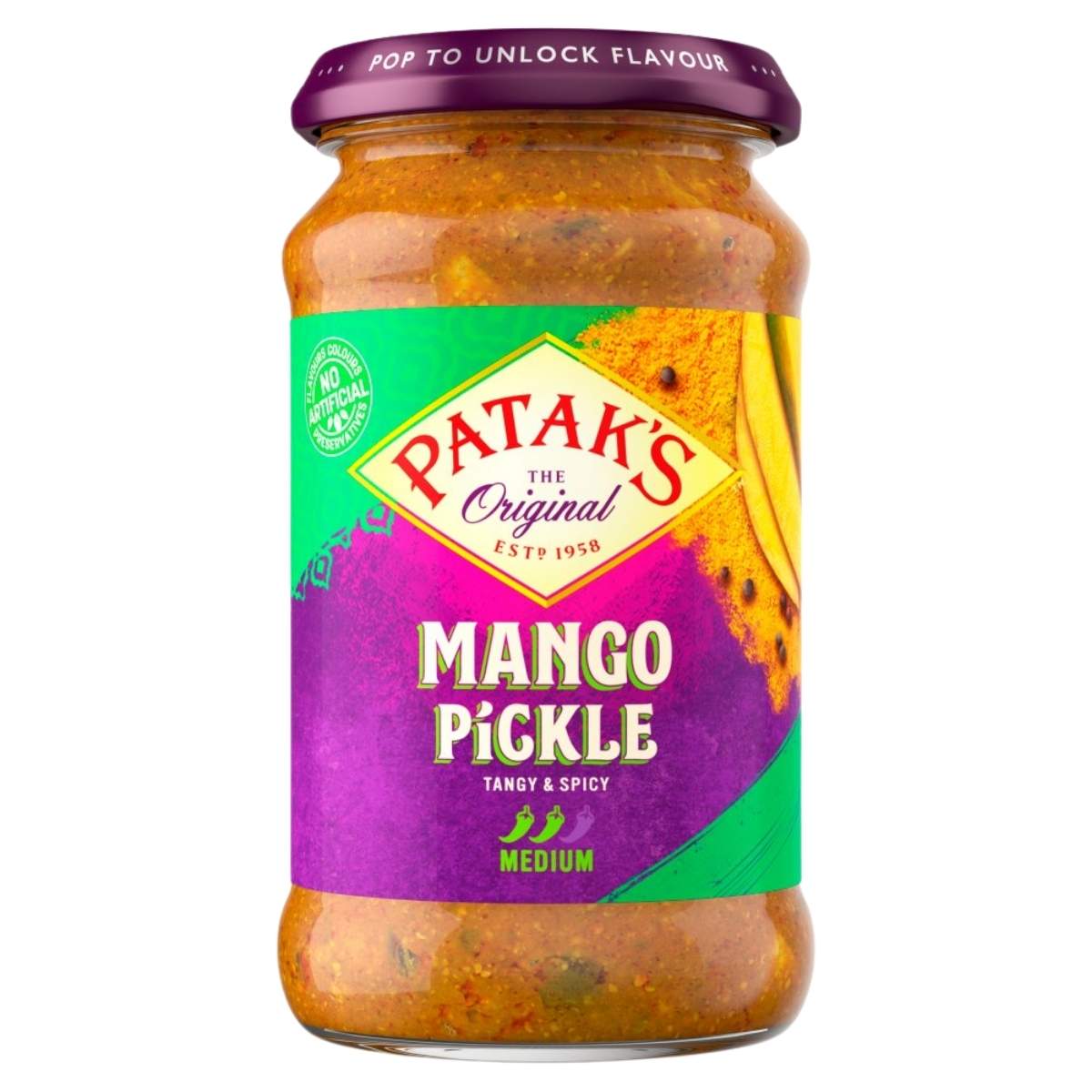 A 283g jar of Patak’s Mango Pickle, labeled tangy and spicy with medium heat, features a purple and yellow label and a purple lid.