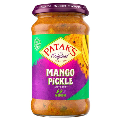 A 283g jar of Patak’s Mango Pickle, labeled tangy and spicy with medium heat, features a purple and yellow label and a purple lid.
