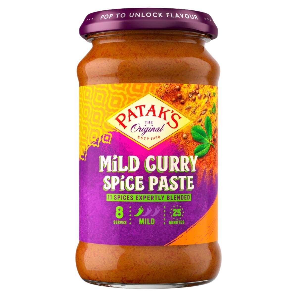 Patak's Mild Curry Spice Paste (283g) features a mild flavor and 11 expertly blended spices, serves 8, and is ready in 25 minutes.