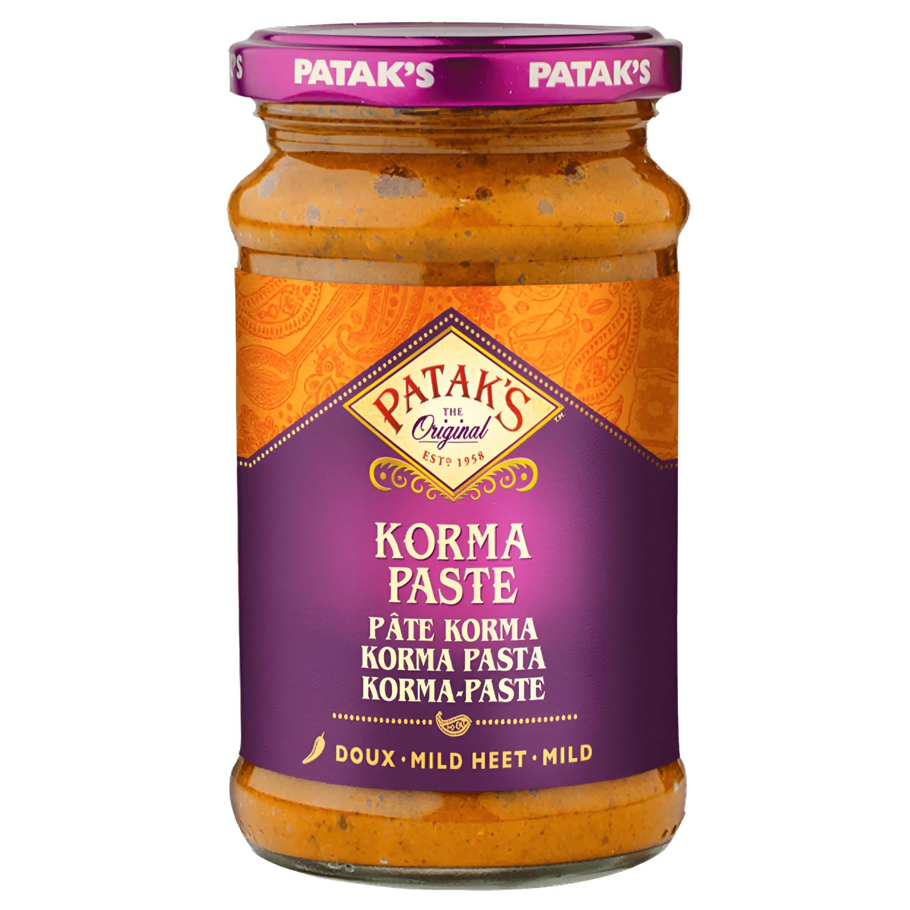 A 290g glass jar of Patak's Original Korma Paste with a purple and orange label displays "Mild" heat level—ideal for preparing authentic Indian curry sauces.