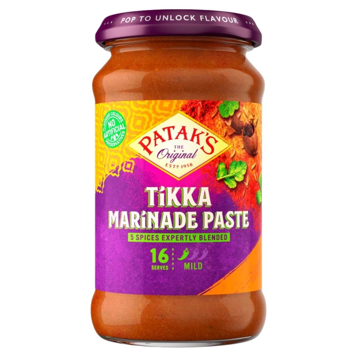 A 300g jar of Patak's Tikka Marinade Paste with a purple lid and label is mild, serves 16, and features 5 expertly blended spices.