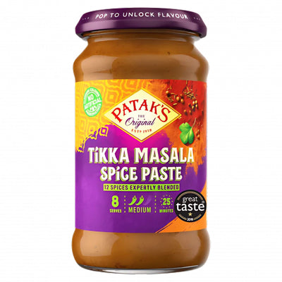 Patak's - Tikka Masala Spice Paste 283g comes in a jar with a purple lid, offers a flavorful blend for Indian dishes, is labeled medium heat, and provides 8 servings.