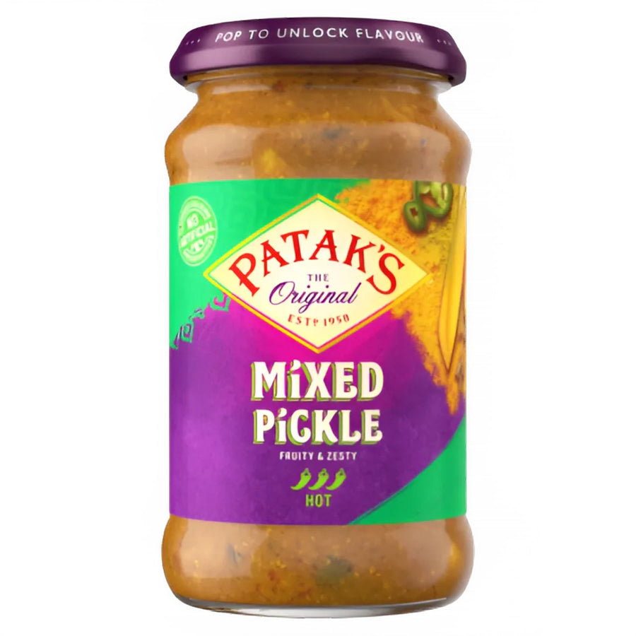 A 283g jar of Patak’s Hot Mixed Pickle, a spicy, fruity, and zesty condiment with a purple and green label and a purple lid.