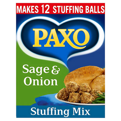 Paxo - Sage & Onion Stuffing Mix - 170g, featuring roast chicken and stuffing balls on the pack, makes 12 stuffing balls—ideal for your next roast dinner.