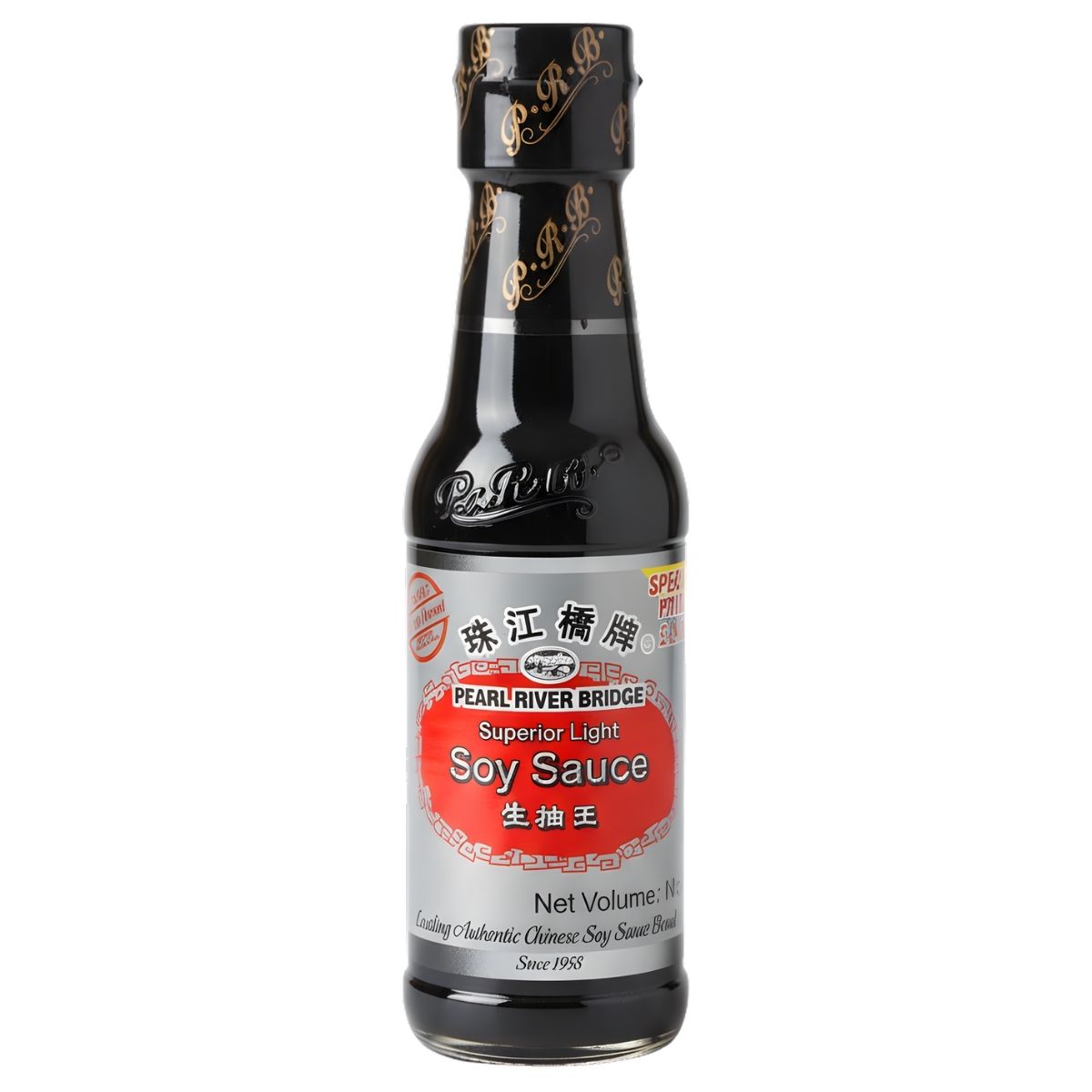 A 150ml bottle of Pearl River Bridge Light Soy Sauce, perfect for authentic Asian dishes. The label features product info and branding from Pearl River Bridge.