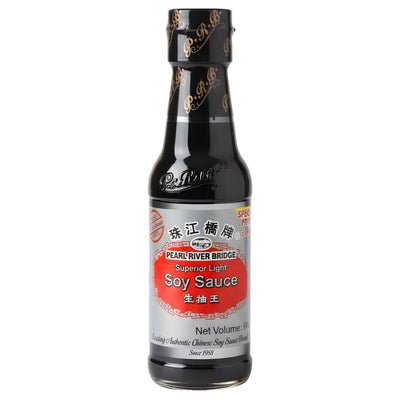 A 150ml bottle of Pearl River Bridge Light Soy Sauce, perfect for authentic Asian dishes. The label features product info and branding from Pearl River Bridge.