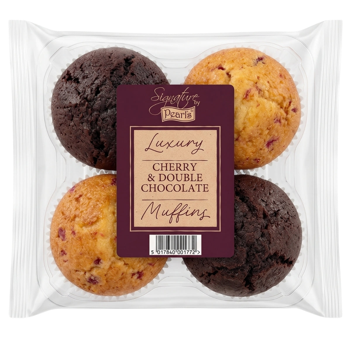 A clear plastic tray containing four muffins—two chocolate and two cherry—with a label reading “Pearl’s - Luxury Cherry & Double Chocolate Muffins - 4 Pack” by Pearl’s.