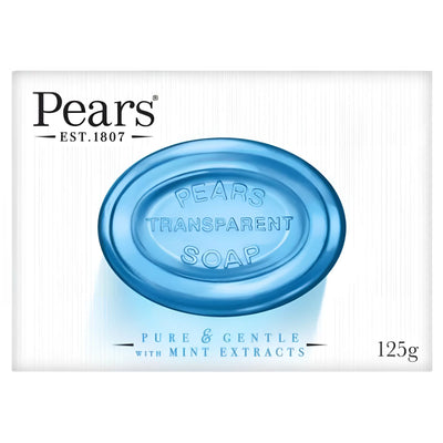 A 125g Pears Transparent Soap bar is shown on its packaging, labeled pure and gentle, enriched with natural oils, and featuring mint extracts.