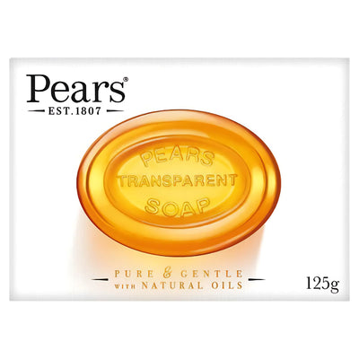 A 125g Pears Transparent Soap Bar with natural oils in its packaging, labeled as pure and gentle.