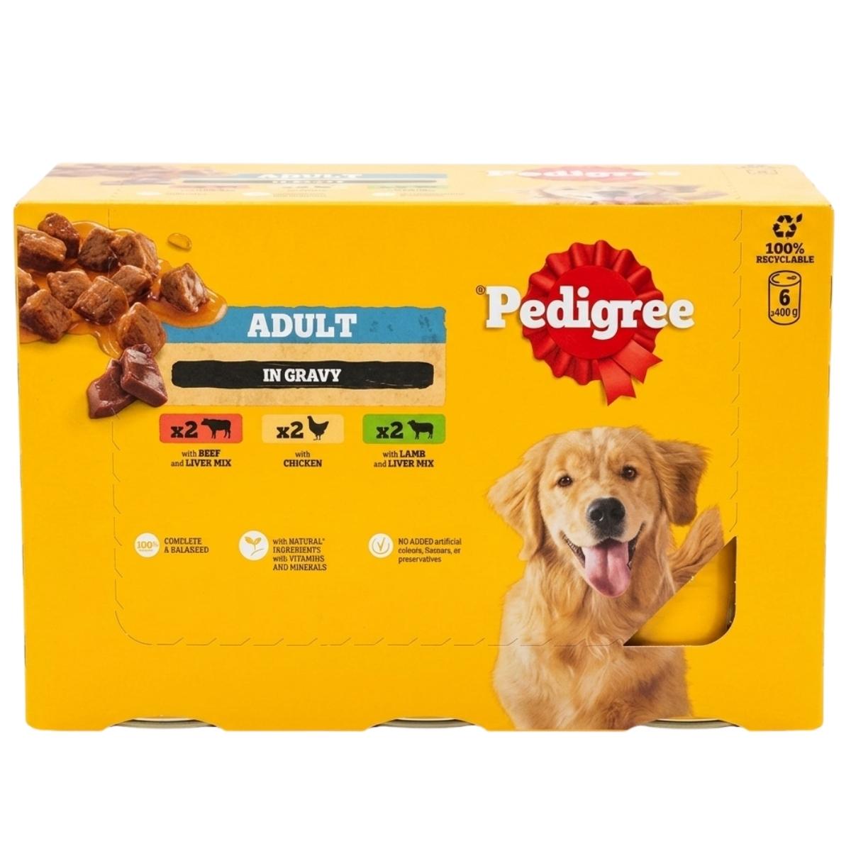 The Pedigree Adult Wet Dog Food Mixed Selection Cans in Gravy (6 x 400g) offers beef, chicken, and lamb flavors. The branded packaging features a golden retriever image on the front.
