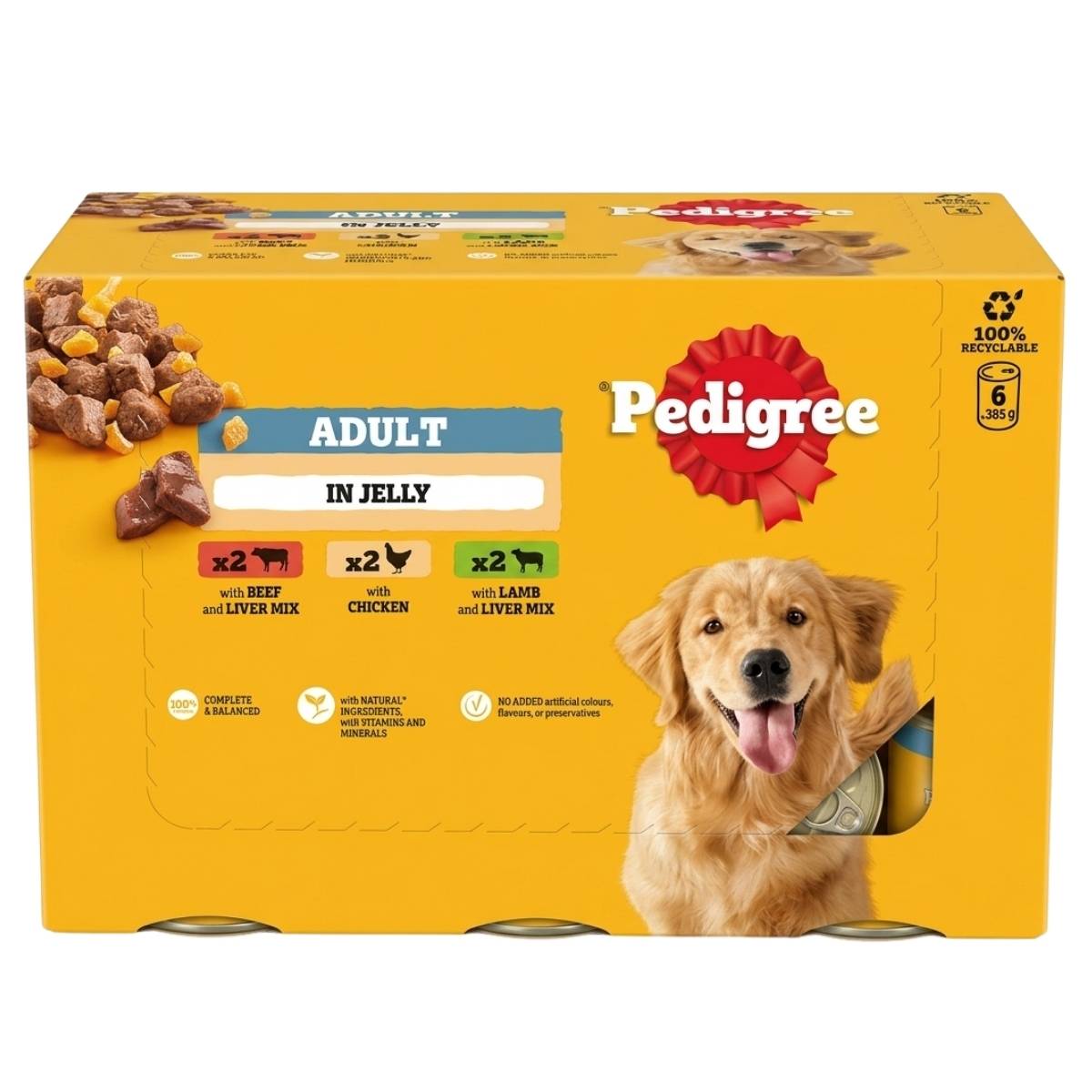 A box of Pedigree Adult Wet Dog Food Mixed Selection Chunks Cans in Jelly (6 x 385g), offering beef, chicken, and lamb varieties with tender chunks in jelly.