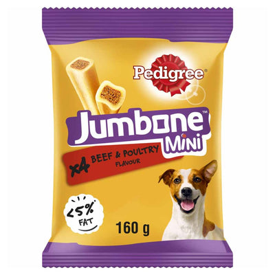 A 160g pack of Pedigree Jumbone Mini Adult Small Dog Treats, Beef & Poultry flavor, includes 4 chews and features a dog image and "<5% fat" label.