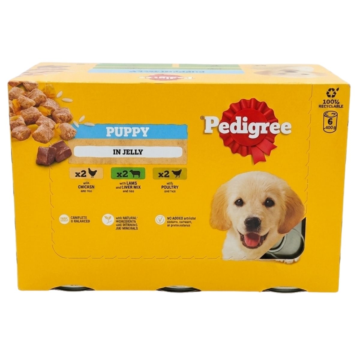 A box of Pedigree - Junior Puppy Wet Dog Food Mixed Selection Cans in Jelly (6 x 400g) displays playful puppy imagery and product details on a bright yellow background.