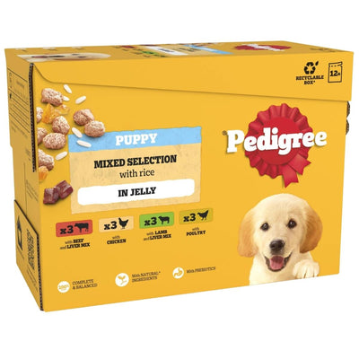 Pedigree puppy food package with a yellow background