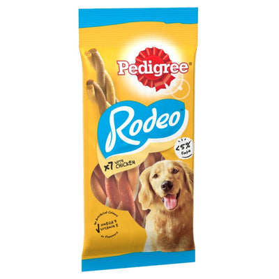 A 100g pack of Pedigree Rodeo Adult Dog Treats with Chicken (7 sticks), featuring twisted treats and a golden retriever image on the front.