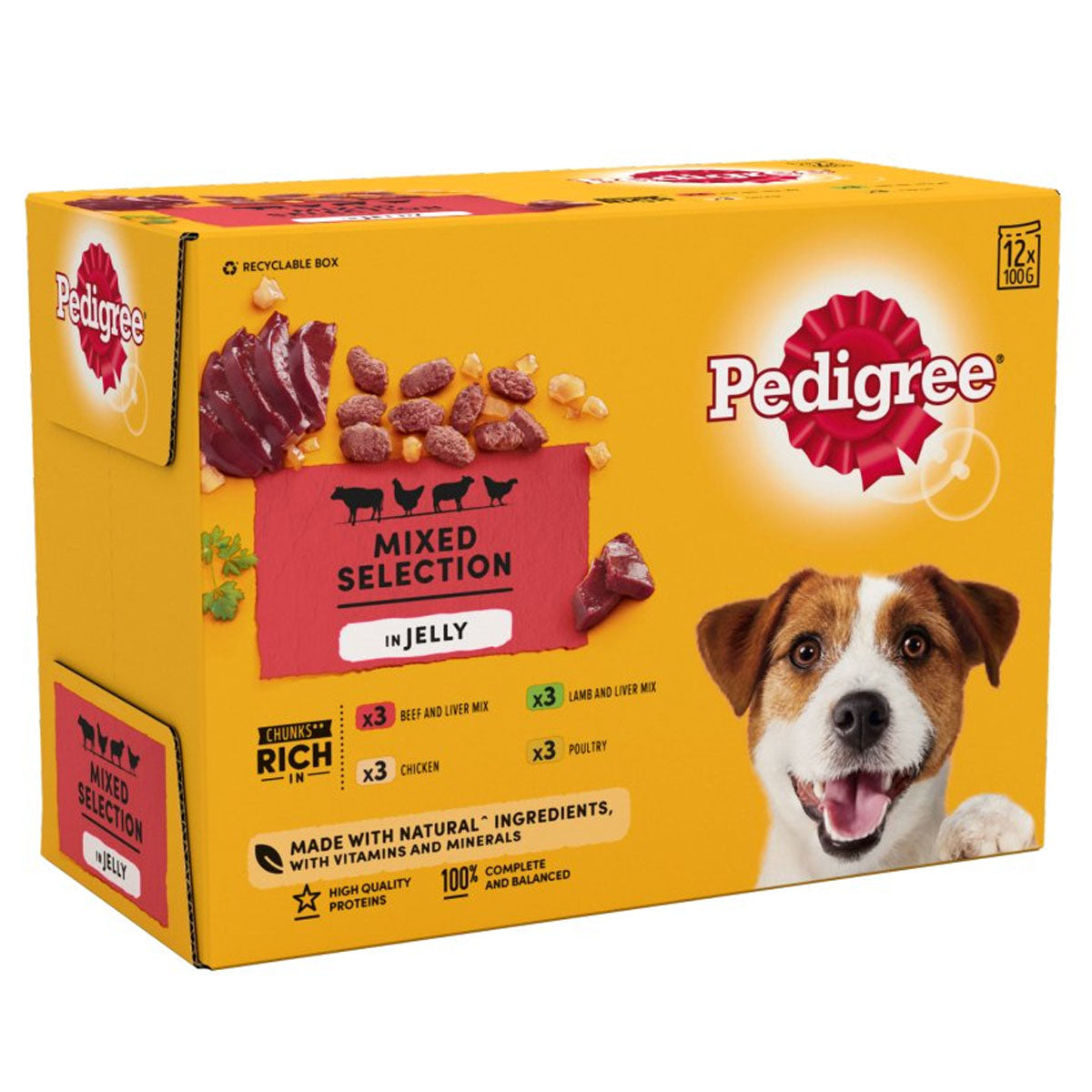 Pedigree - Adult Wet Dog Food Pouches Mixed in Jelly - 12 x 100g dog treats in a box.