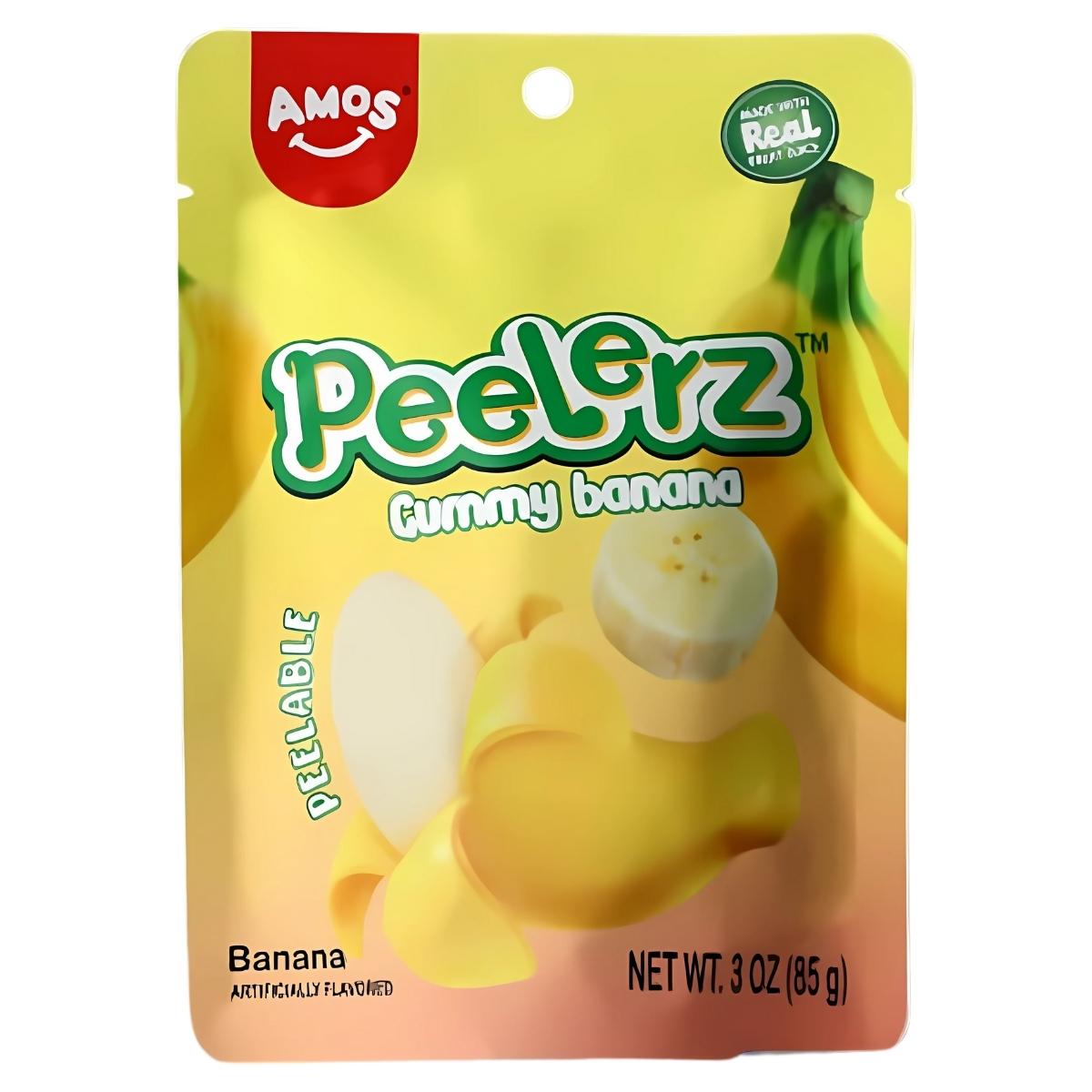 A 120g pouch of Amos Peelerz Gummy Bananas, featuring banana images and labeled "Peelable" and "Made with Real Fruit Juice," offers delightful chewy treats.