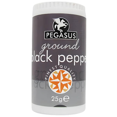 A 25g Pegasus Ground Black Pepper comes in a container with a black and white label and an orange star, making it a pantry staple.