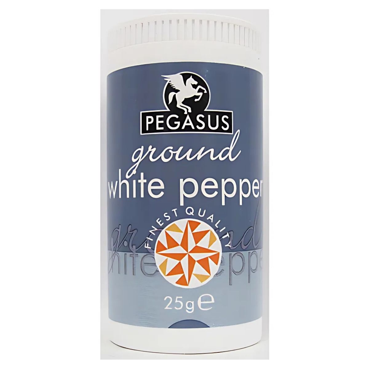 A 25g container of Pegasus Ground White Pepper delivers a bold flavor with its premium spice, featuring a blue label adorned with the Pegasus logo and an elegant compass design.