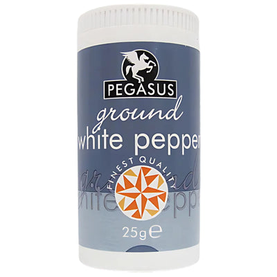 Pegasus - Ground White Pepper - 25g comes in a blue and white labeled container with the brand logo, ideal for adding premium white pepper flavor to your dishes.