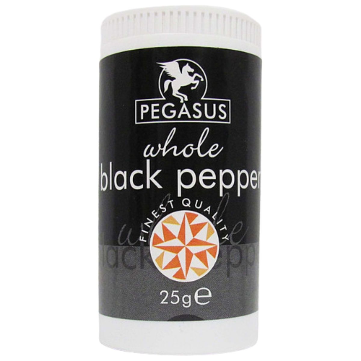 A 25g container of Pegasus - Whole Black Pepper features a black and white label showing the Pegasus brand, product type, whole peppercorns, and a quality emblem.