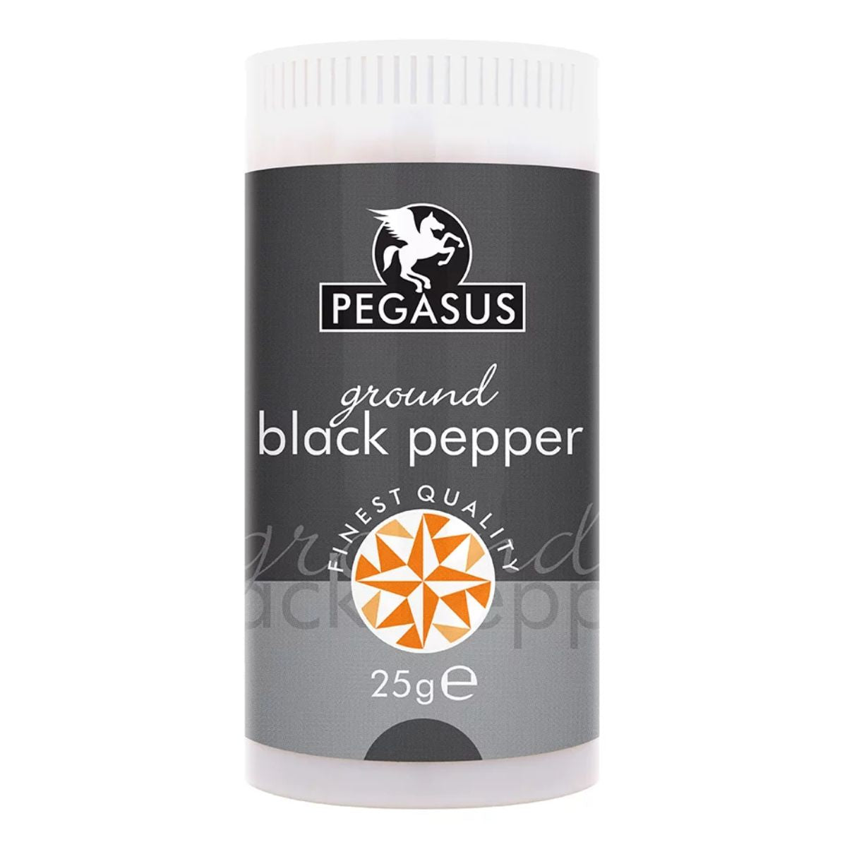 A 25g package of Pegasus whole black pepper, showcasing a sleek black label adorned with the distinctive white logo.