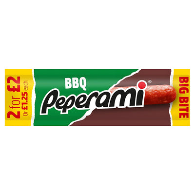 Peperami - BBQ - 28g comes in green, brown, and yellow packaging and is a convenient snack option with the price shown on the left side.
