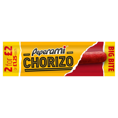 Peperami - Chorizo Stick - 26g gluten free snack in yellow packaging, featuring part of the chorizo stick and promo pricing: 2 for £2 or £1.25 each—a perfect protein boost on the go.