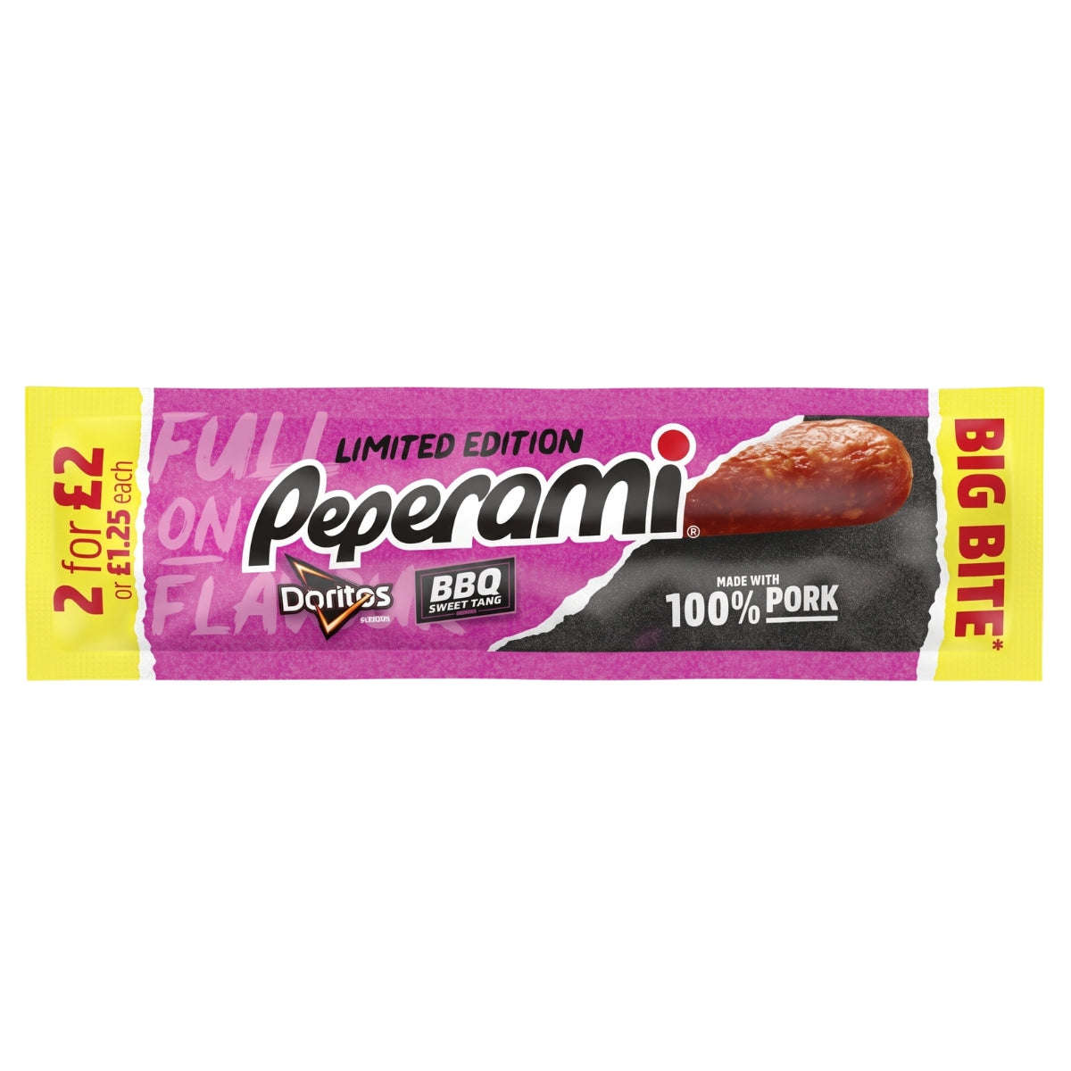 A packaged Doritos Peperami BBQ snack bar on a plain white background. The wrapper is primarily pink and black with yellow side panels, featuring the Doritos and Peperami branding and an image of a pepperoni slice.