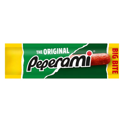 A Peperami - Original - 28g snack with a green and yellow wrapper labeled "The Original" and "Big Bite," showing part of the cured meat stick—ideal for convenient on-the-go snacking.