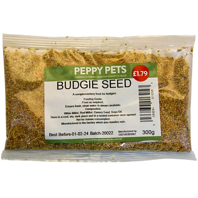 A clear plastic pack of Peppy Pets - Budgie Seed - 300g displays feeding instructions and a £1.79 label on the front. This balanced seed mix by Peppy Pets is specially formulated to meet your budgie’s daily dietary needs.
