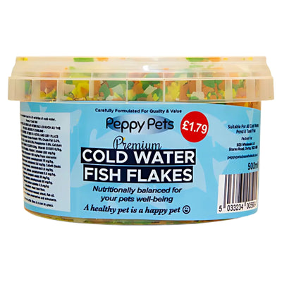 A 500ml tub of Peppy Pets - Cold Water Fish Flakes features product info, a barcode, and a £1.79 price label on the lid—ideal for a balanced fish diet.