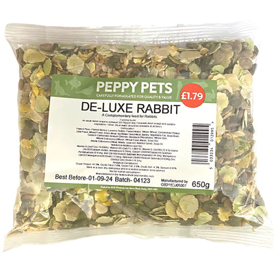 A 650g bag of Peppy Pets - Deluxe Rabbit Food, priced at £1.79 with a best before date of 01-09-24 on the packaging.