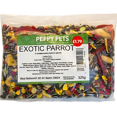 Peppy Pets - Exotic Parrot Food (325g) offers balanced nutrition with mixed seeds and dried fruits, packed in a clear plastic bag labeled with price and ingredients.