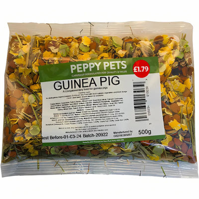 Peppy Pets - Guinea Pig Food - 500g is a complementary feed for adult guinea pigs, featuring mixed dried plant pieces and labeled ingredients. Price: £1.79.