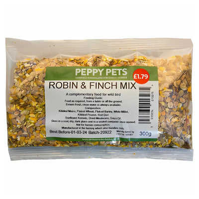 A 300g Peppy Pets Robin & Finch Mix wild bird feed, priced at £1.79, features seeds and grains visible through its clear packaging.