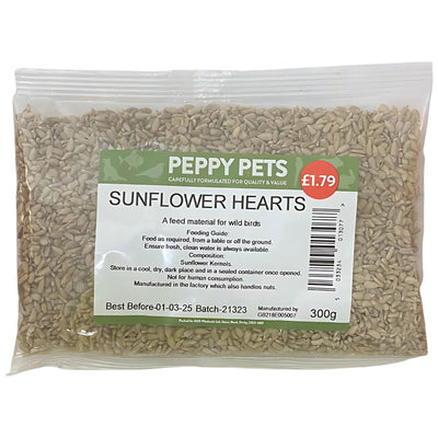 A 300g bag of Peppy Pets Sunflower Hearts wild bird feed includes a feeding guide, ingredient list, best before date, and costs £1.79.
