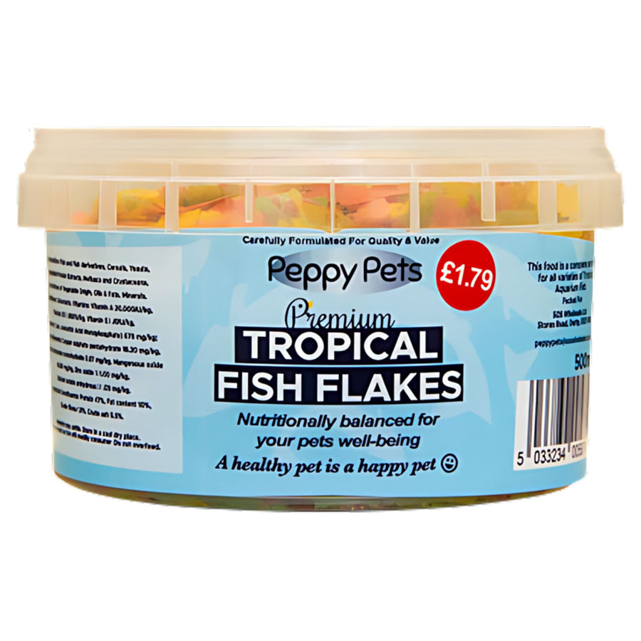 Peppy Pets - Tropical Fish Flakes, 500ml: A round plastic tub with a blue label, packed with essential vitamins for aquarium fish. Price: £1.79.