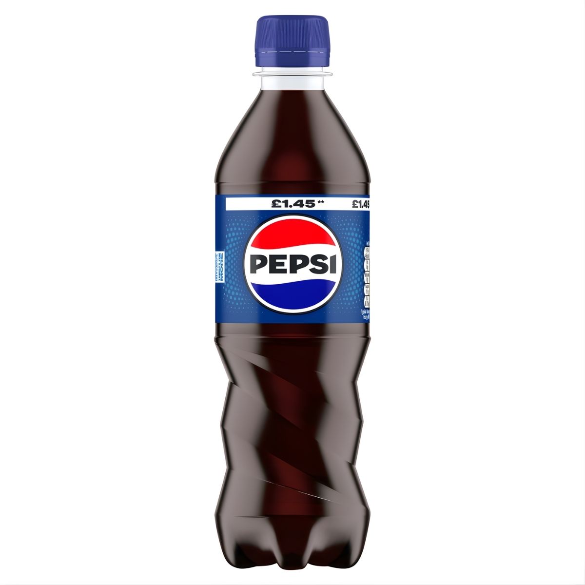 A 500ml Pepsi - Cola Bottle by Pepsi, featuring a blue cap and label, has a displayed price of £1.45.