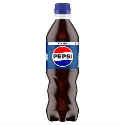 A 500ml Pepsi - Cola Bottle by Pepsi, featuring a blue cap and label, has a displayed price of £1.45.
