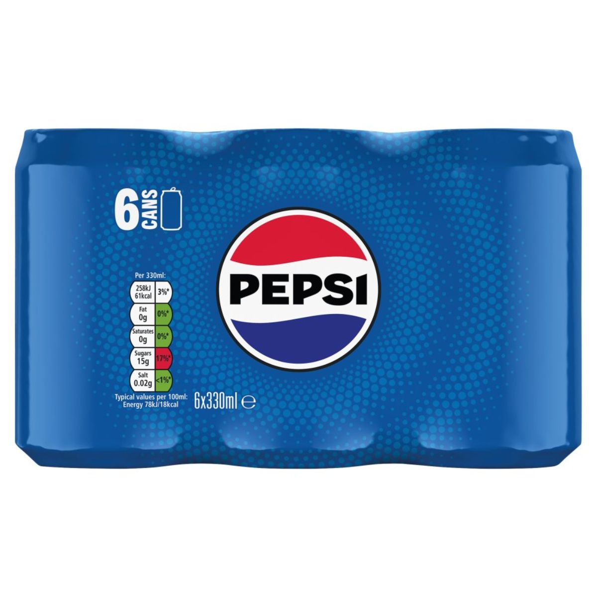 A 6-pack of Pepsi - Original Can Multipack (6 x 330ml) in blue packaging with the central Pepsi logo and nutritional info on the left side.