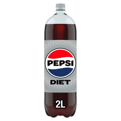 A 2L Pepsi Diet Cola Bottle by Pepsi features a gray label with the Pepsi logo and "DIET" in bold letters, highlighting this popular low calorie soft drink.