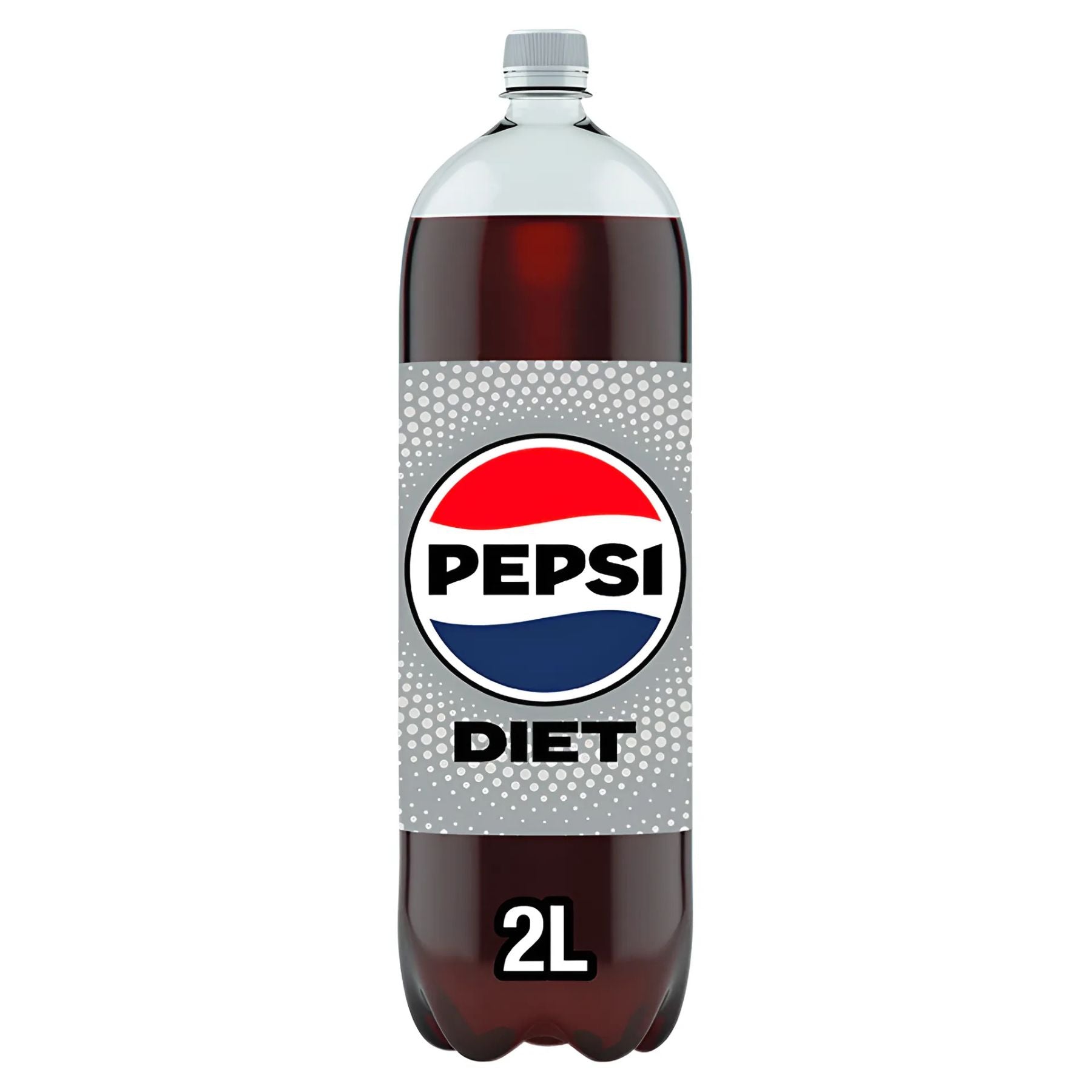 A 2L bottle of Pepsi - Diet Cola, a low calorie soft drink, features a gray label with the Pepsi logo and bold "DIET" text.