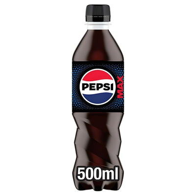 A 500ml Pepsi Max bottle with a black cap and Pepsi branding, offering a low calorie cola.