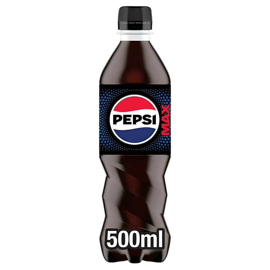 A 500ml Pepsi Max bottle with a black cap and Pepsi branding, offering a low calorie cola.