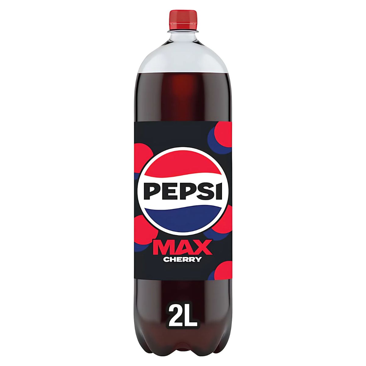 A 2L bottle of Pepsi - Max Cherry No Sugar Cola with a black label featuring red and blue accents and the Pepsi logo.