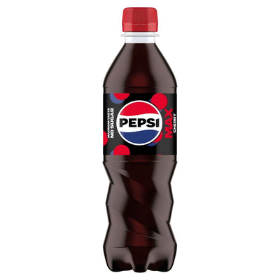 A 500ml plastic bottle of Pepsi - Max Cherry No Sugar Cola, a low-calorie soft drink by Pepsi, with a black label showing the Pepsi logo and cherry graphics.